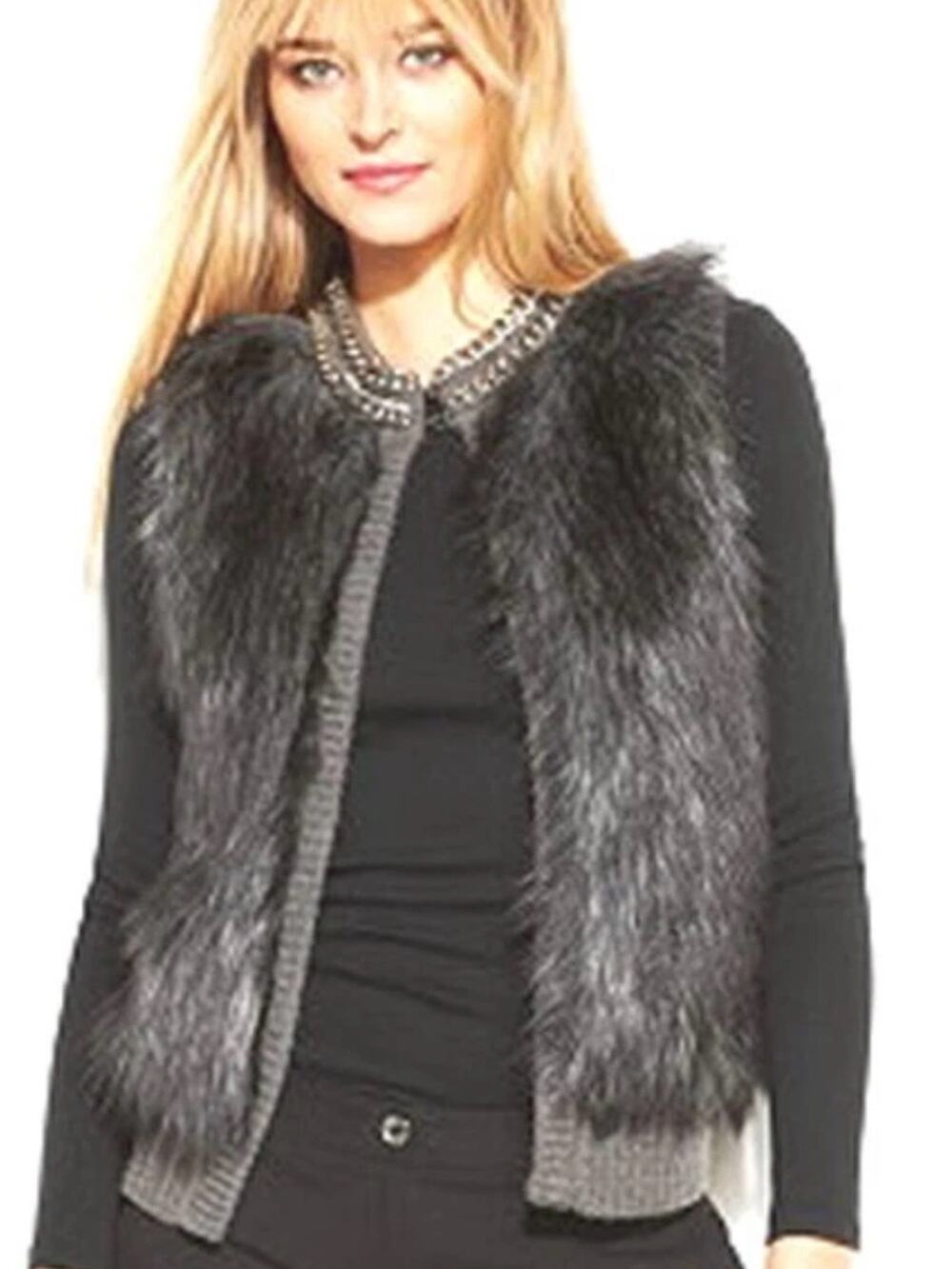 MICHAEL Michael Kors Gray Faux Fur Front Cable Knit Vest SILVER CHAIN DETAIL XL